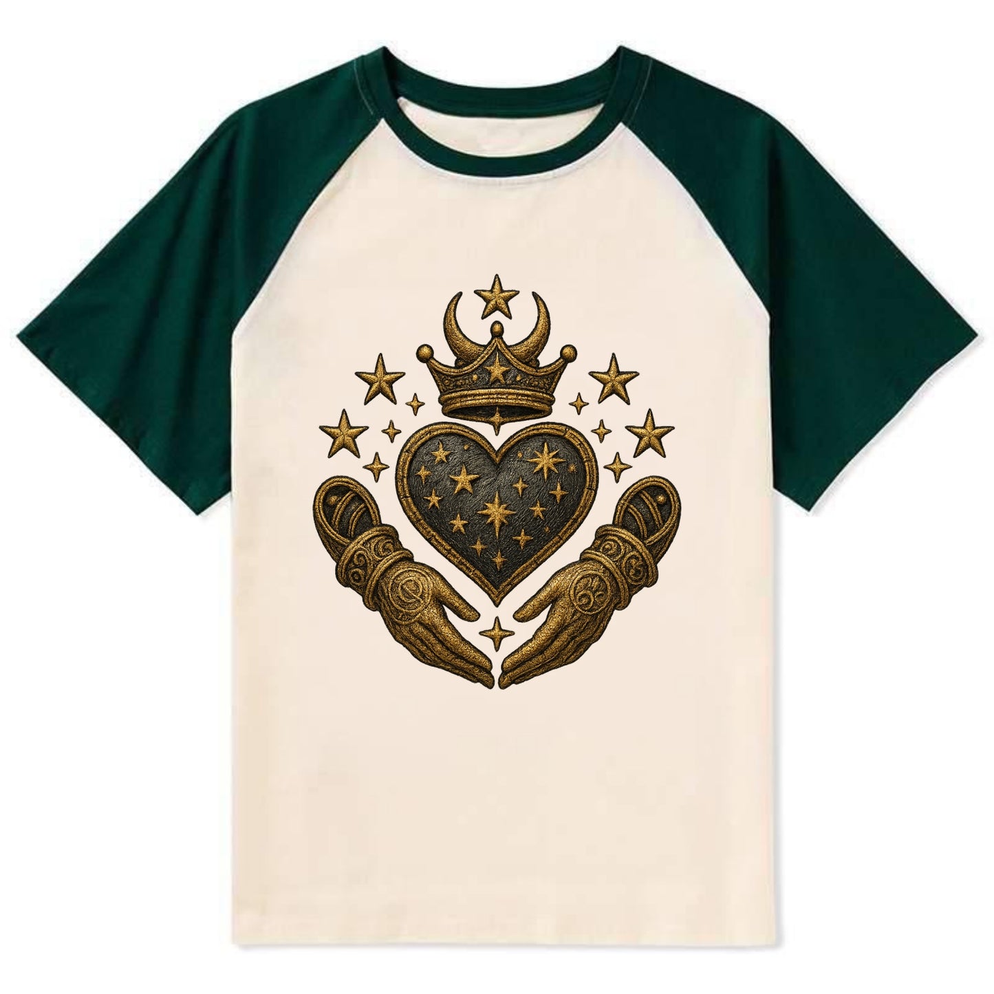 Weathered antique brass crown above a hammered gunmetal heart framed by - Contrast Raglan T-shirt - Green