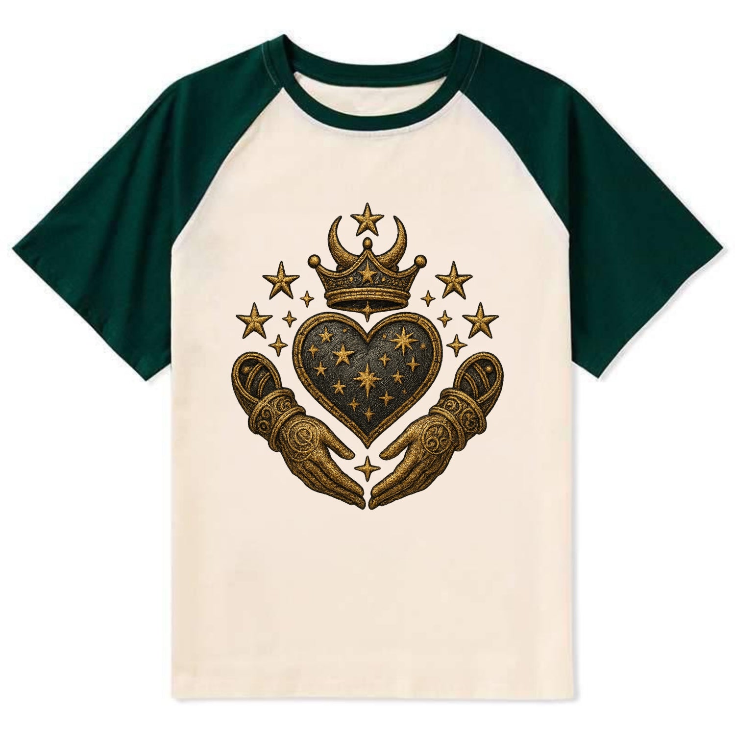 Weathered antique brass crown above a hammered gunmetal heart framed by - Contrast Raglan T-shirt - Green