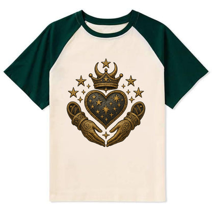 Weathered antique brass crown above a hammered gunmetal heart framed by - Contrast Raglan T-shirt - Green