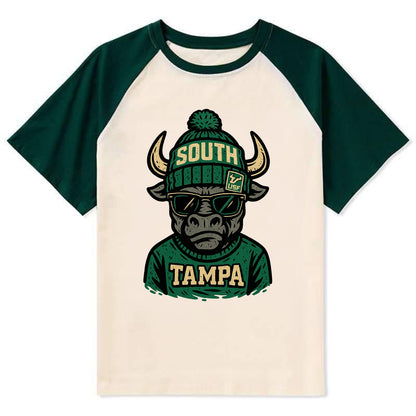 Tampa Bull wearing South Florida beanie with USF patch - Contrast Raglan T-shirt - Green