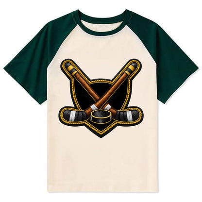 Embroidered patch design - HOCKEY CROSSED STICKS - ice hockey sticks with - Contrast Raglan T-shirt - Green