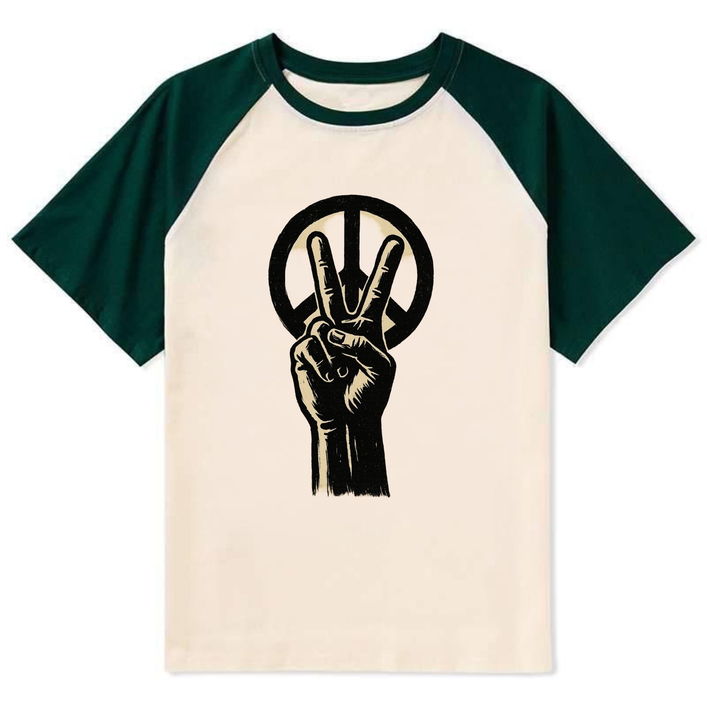 Peace sign hand gesture - anti-war movement ink brushstrokes - Contrast Raglan T-shirt - Green