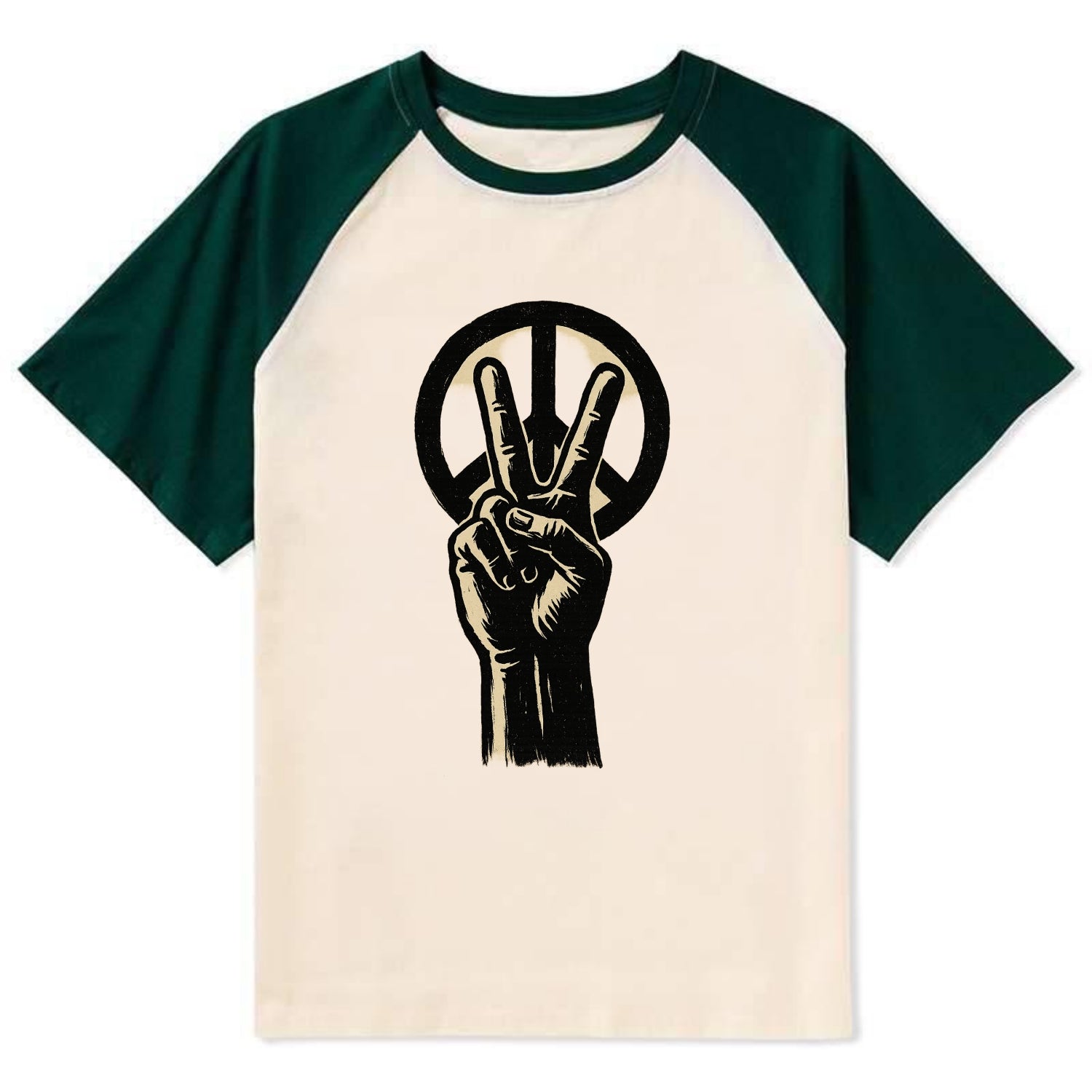 Peace sign hand gesture - anti-war movement ink brushstrokes - Contrast Raglan T-shirt - Green