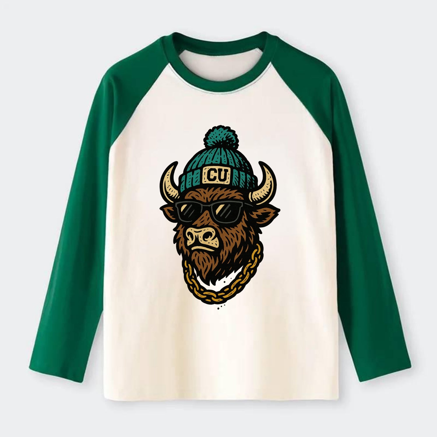 Boulder Ralphie wearing Colorado beanie with CU patch - Raglan Long Sleeve T-Shirt - Green
