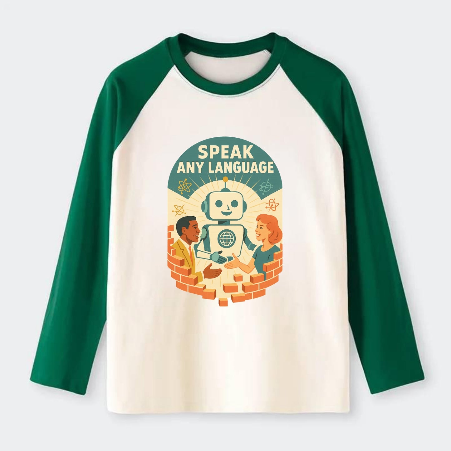 Language learning AI breaking down barriers - "Speak Any Language" - - Raglan Long Sleeve T-Shirt - Green