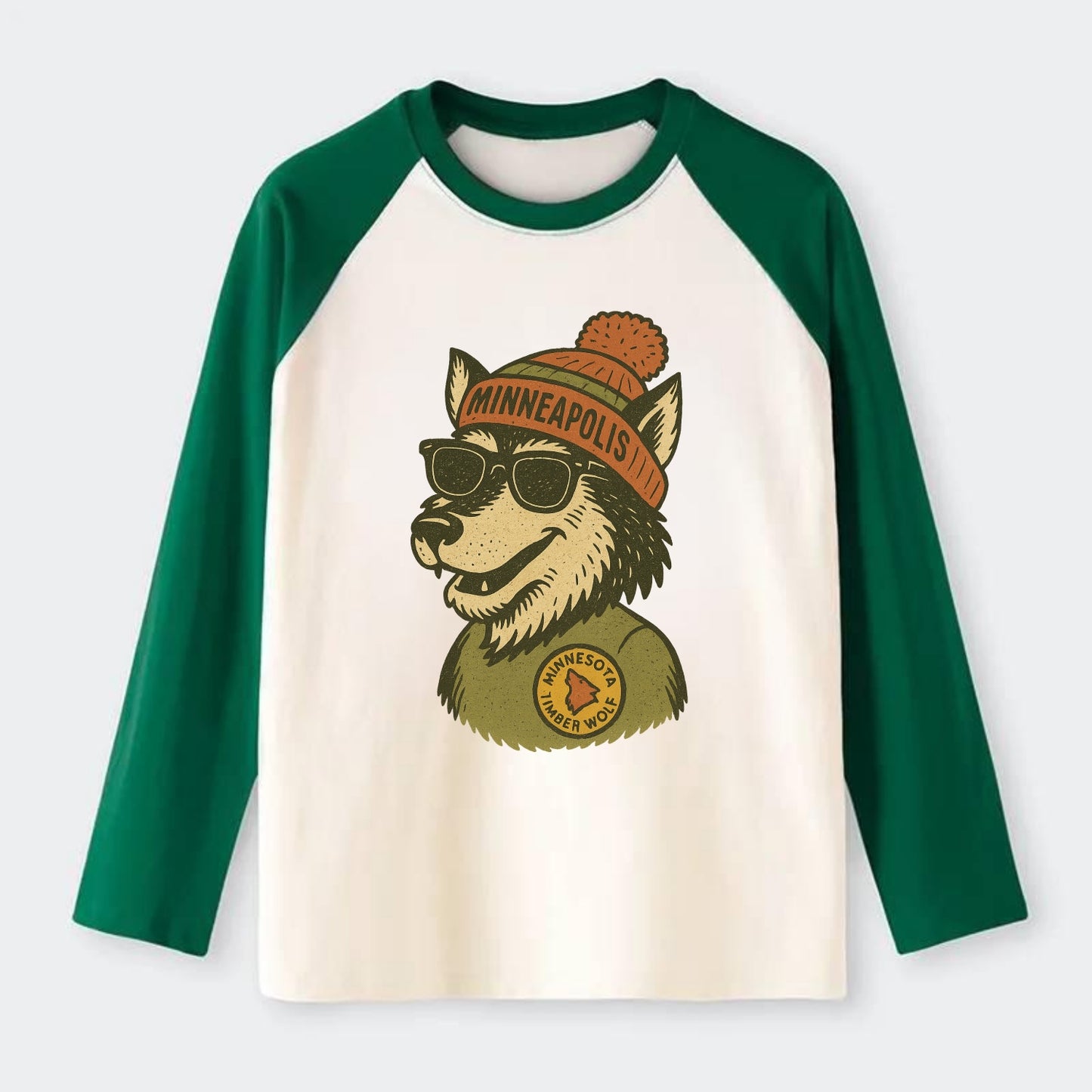 Minnesota Timber Wolf wearing Minneapolis beanie with pom pom and - Raglan Long Sleeve T-Shirt - Green