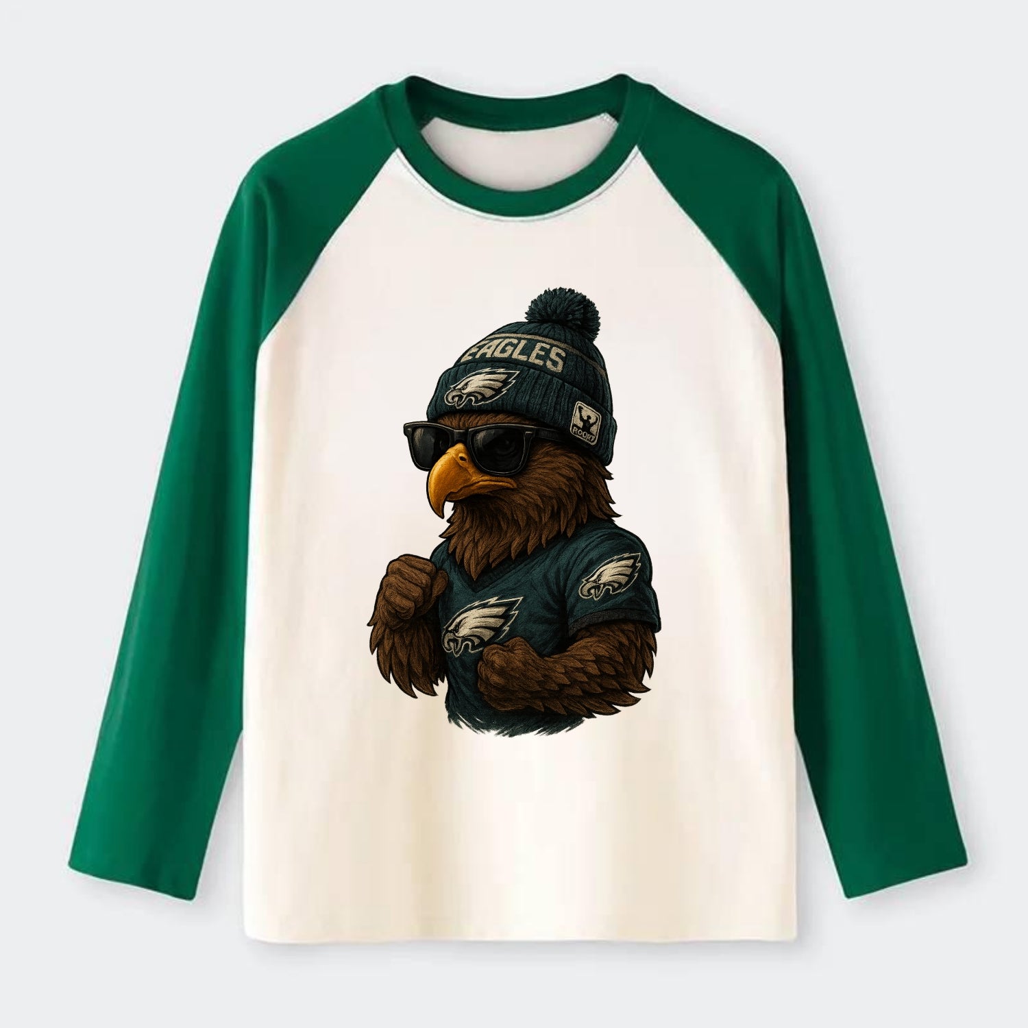 Philly Hawk wearing Eagles beanie with Rocky patch and wayfarer - Raglan Long Sleeve T-Shirt - Green