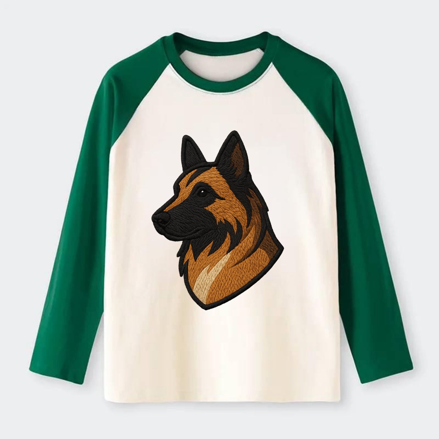 Belgian Tervuren - Fawn with black overlay embroidered design - Raglan Long Sleeve T-Shirt - Green