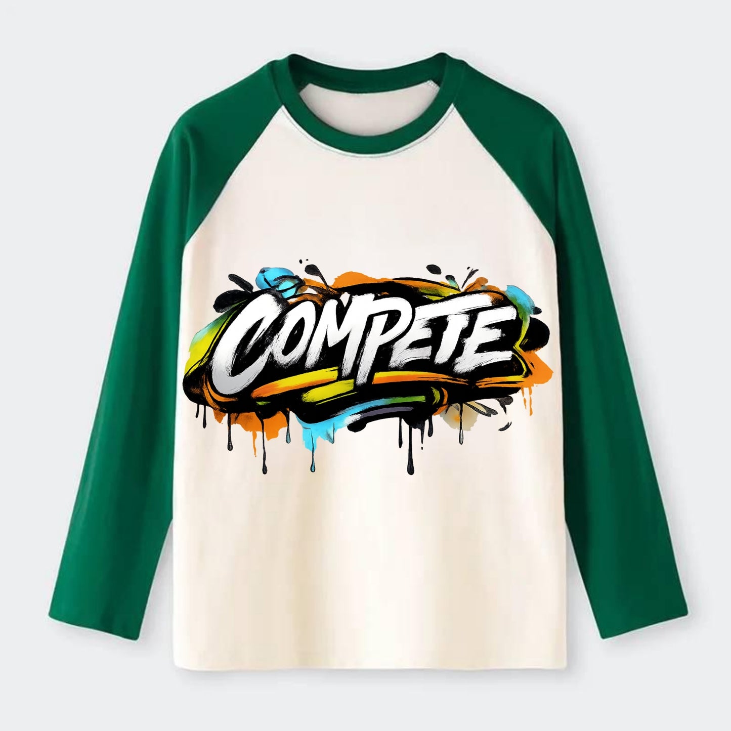 Bold typography design - "COMPETE" - competitive spirit, love the game - Raglan Long Sleeve T-Shirt - Green