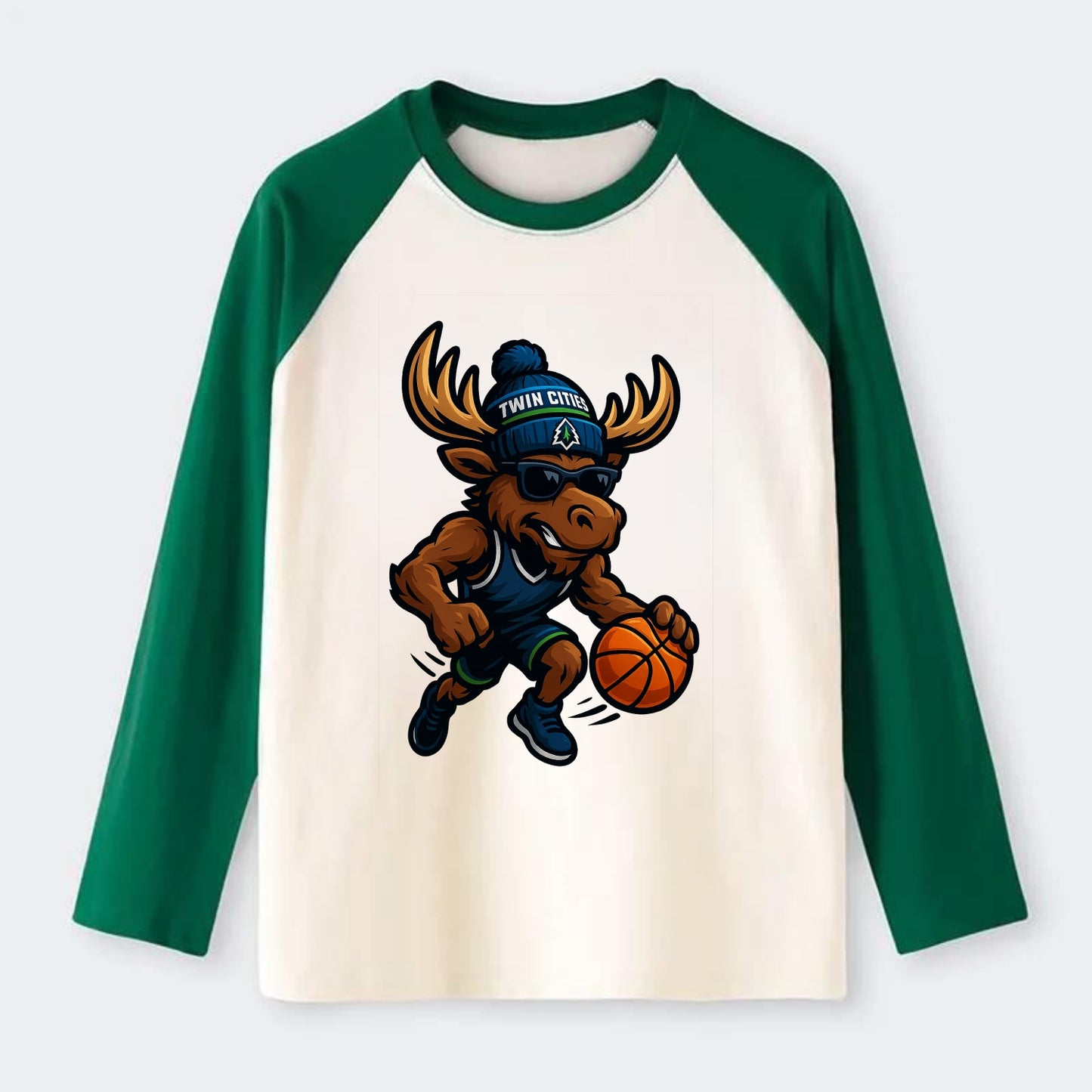 Twin Cities Moose wearing Timberwolves beanie with pine tree patch and - Raglan Long Sleeve T-Shirt - Green