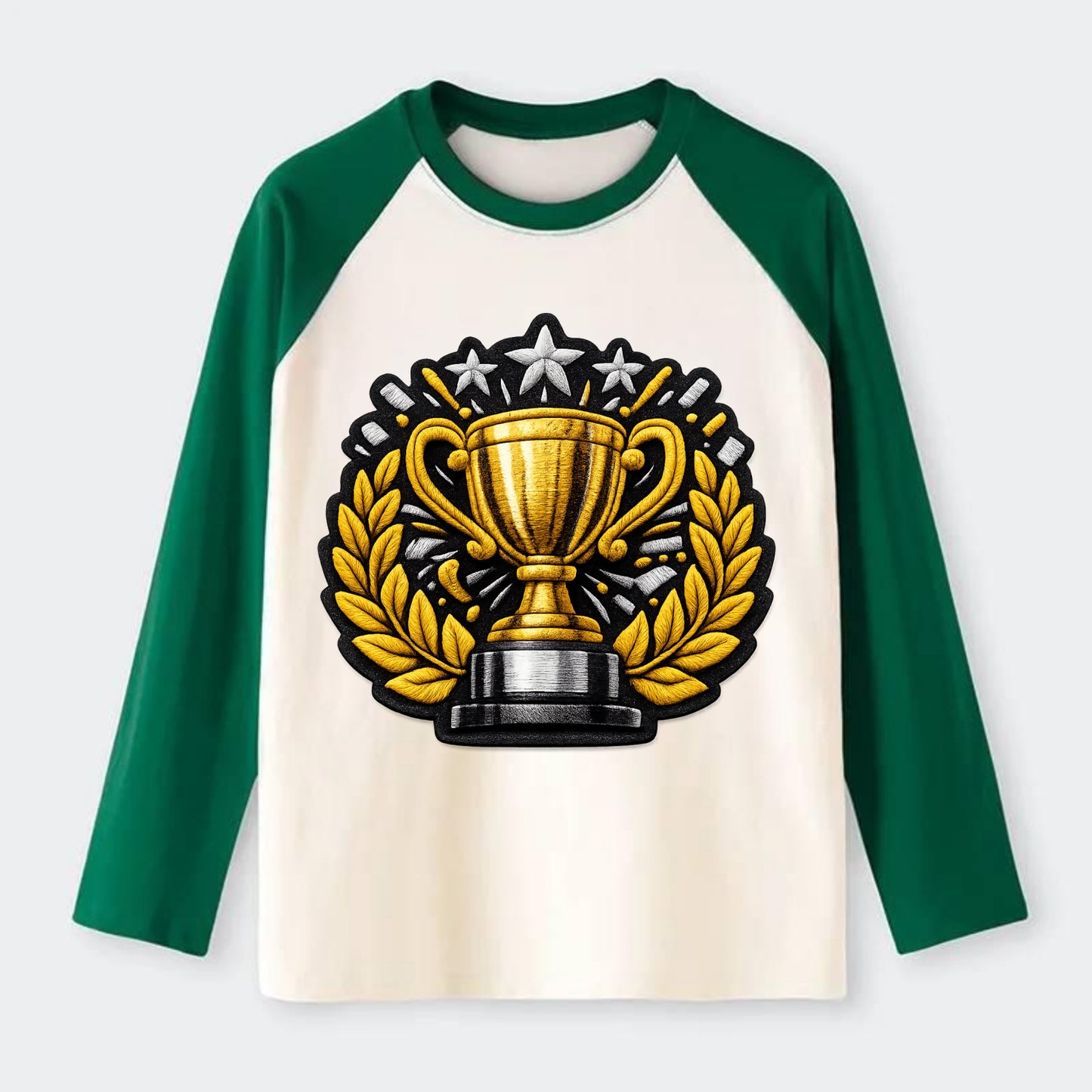 Embroidered patch design - CHAMPIONSHIP TROPHY - golden trophy cup - Raglan Long Sleeve T-Shirt - Green