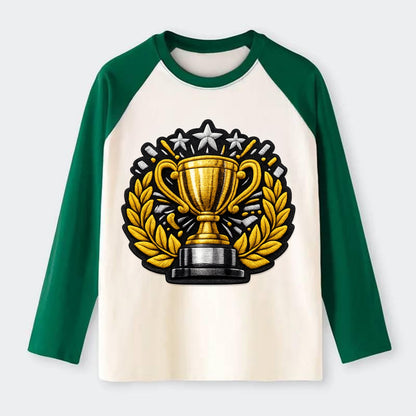 Embroidered patch design - CHAMPIONSHIP TROPHY - golden trophy cup - Raglan Long Sleeve T-Shirt - Green
