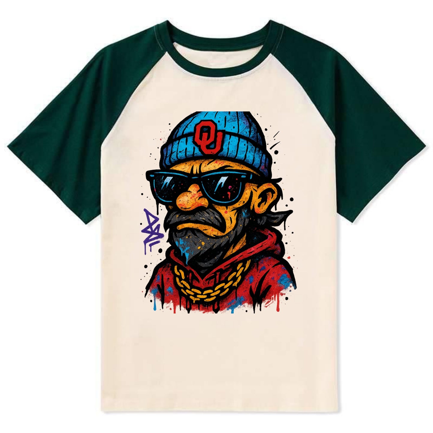 Norman Sooner wearing Oklahoma beanie with OU patch - Contrast Raglan T-shirt - Green