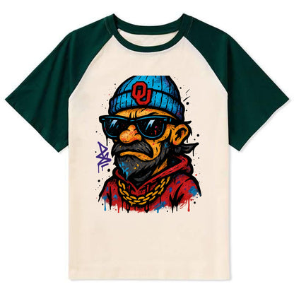 Norman Sooner wearing Oklahoma beanie with OU patch - Contrast Raglan T-shirt - Green