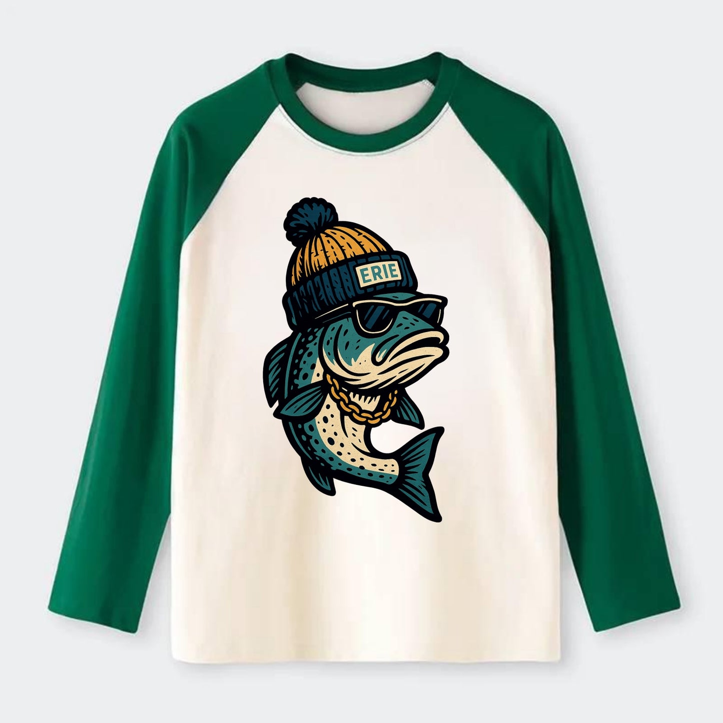 Erie Lake Trout wearing Erie beanie with - Raglan Long Sleeve T-Shirt - Green