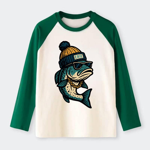 Erie Lake Trout wearing Erie beanie with - Raglan Long Sleeve T-Shirt