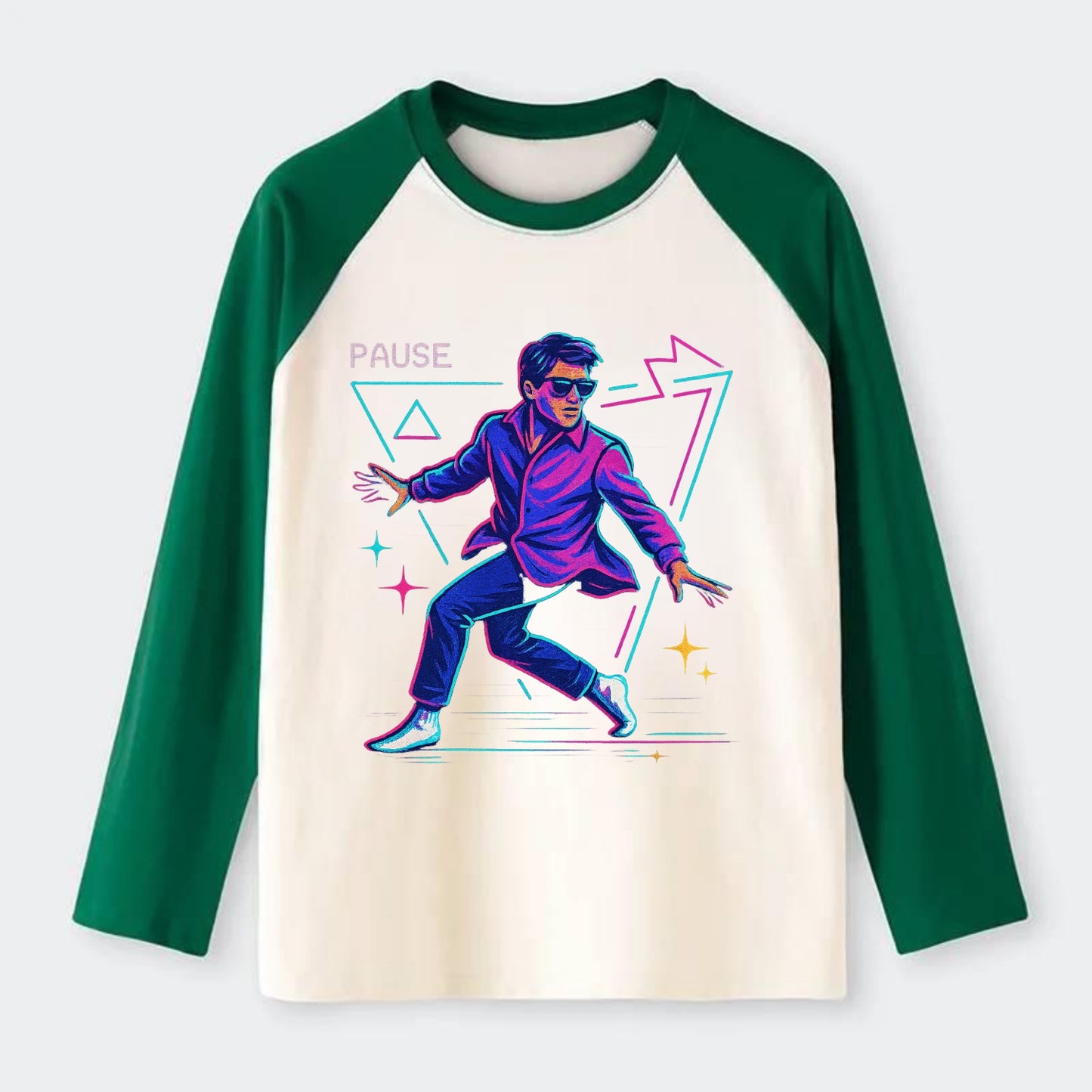 confident figure sliding across polished wooden floor in socks and - Raglan Long Sleeve T-Shirt - Green