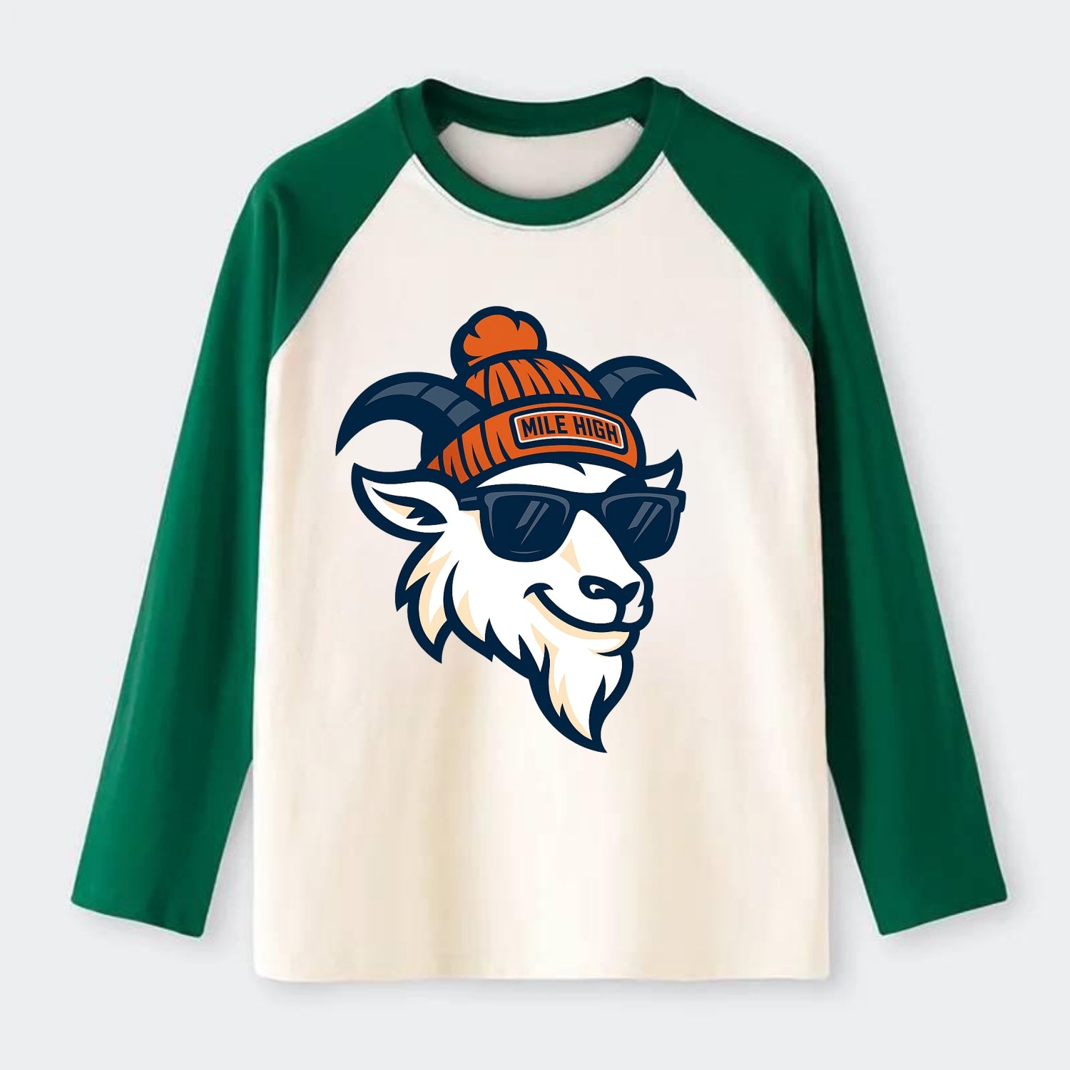 Denver Mountain Goat wearing Broncos beanie with Mile High patch and - Raglan Long Sleeve T-Shirt - Green