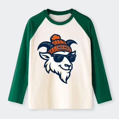 Denver Mountain Goat wearing Broncos beanie with Mile High patch and - Raglan Long Sleeve T-Shirt - Green
