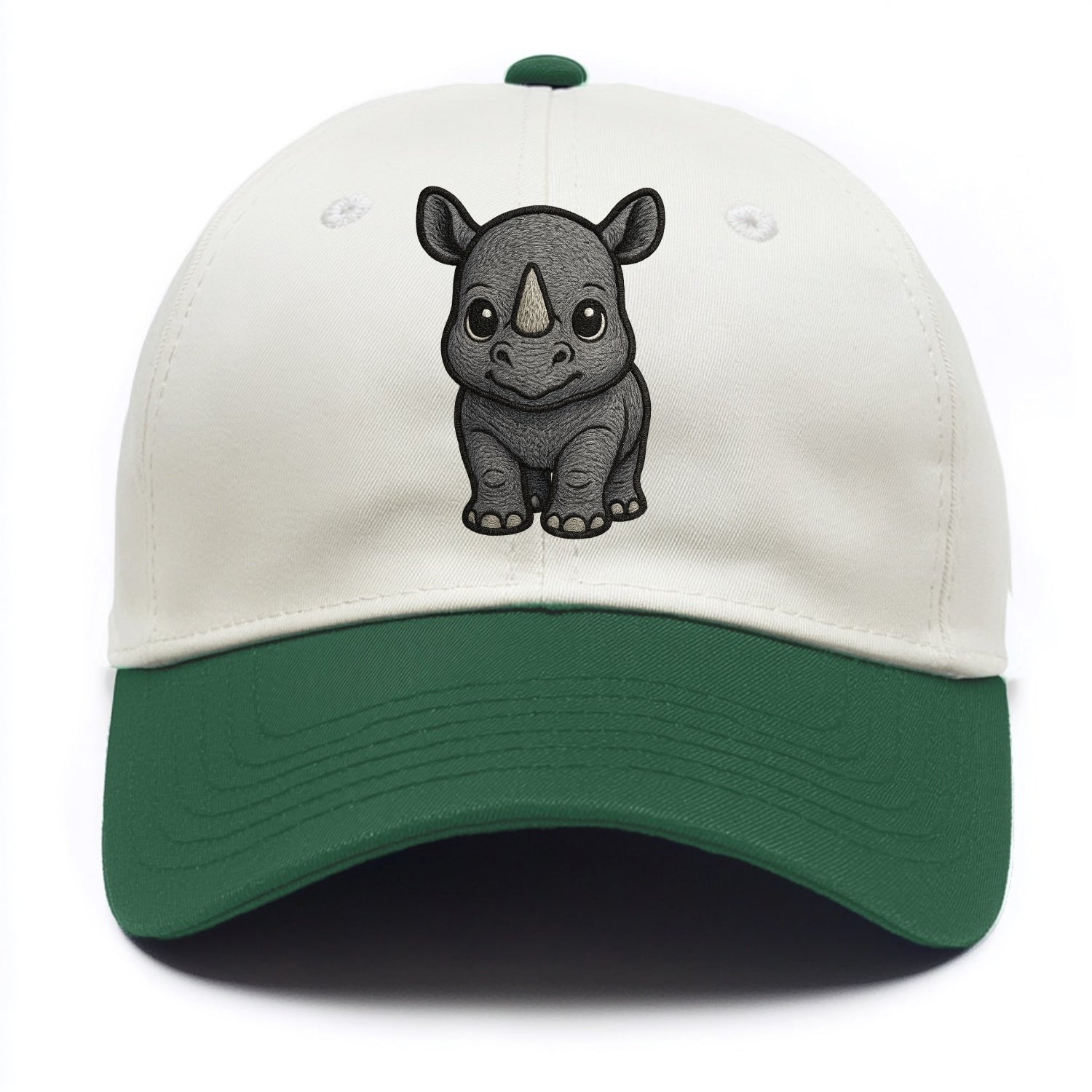 Baby Rhino - gray armor skin, tiny horn nub, round eyes, front-facing, tank baby - Two Tone Cap - Green