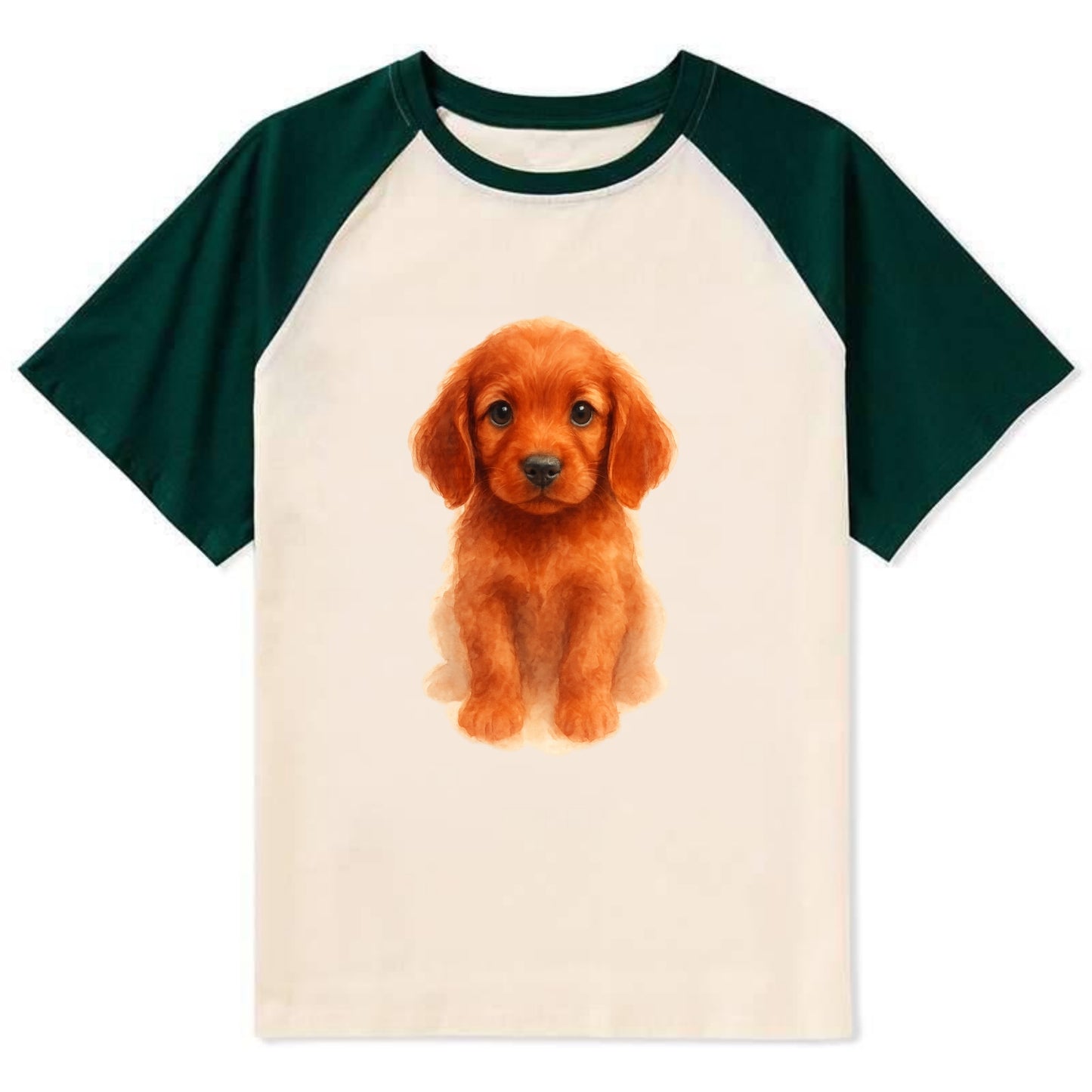 Baby Irish Setter Puppy - mahogany red coat, feathered ears, friendly - Contrast Raglan T-shirt - Green
