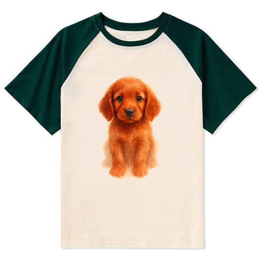 Baby Irish Setter Puppy - mahogany red coat, feathered ears, friendly - Contrast Raglan T-shirt - Green