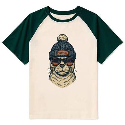 Rhode Island Harbor Seal wearing Providence beanie with pom pom and - Contrast Raglan T-shirt - Green