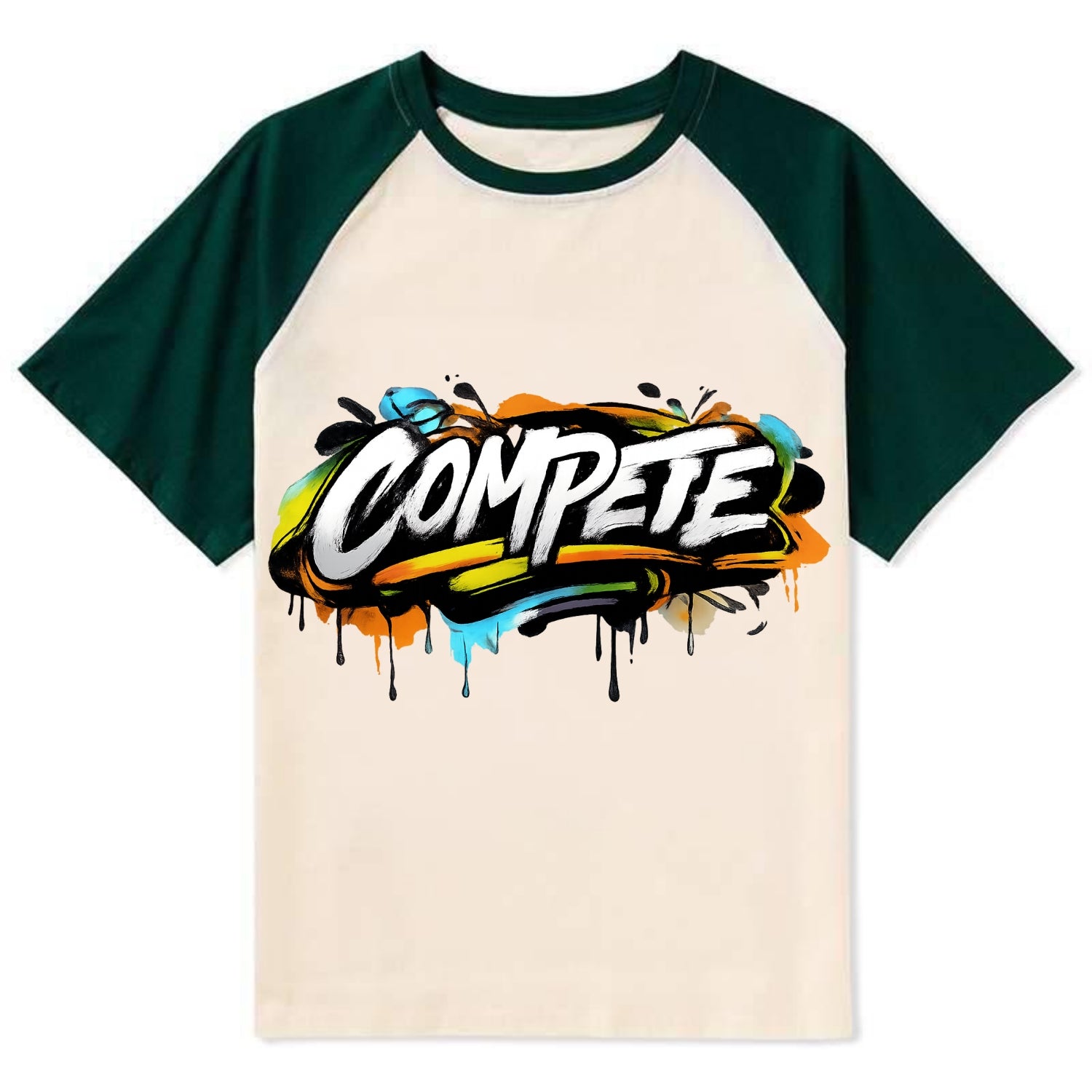 Bold typography design - "COMPETE" - competitive spirit, love the game - Contrast Raglan T-shirt - Green