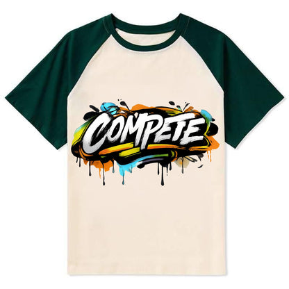 Bold typography design - "COMPETE" - competitive spirit, love the game - Contrast Raglan T-shirt - Green