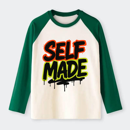 Bold typography design - "SELF MADE" - built from nothing, earned - Raglan Long Sleeve T-Shirt - Green