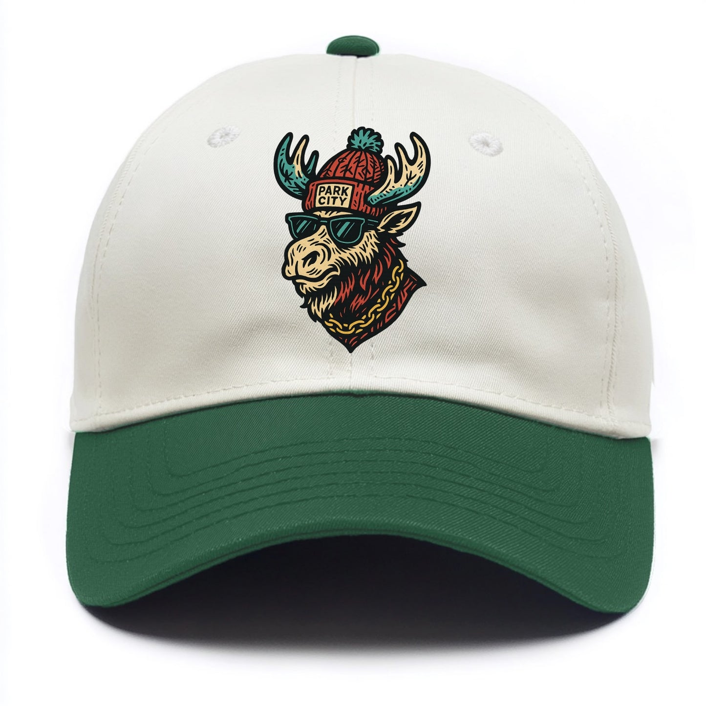 Park City Moose wearing Park City beanie with pom pom and wayfarer sunglasses - Two Tone Cap - Green