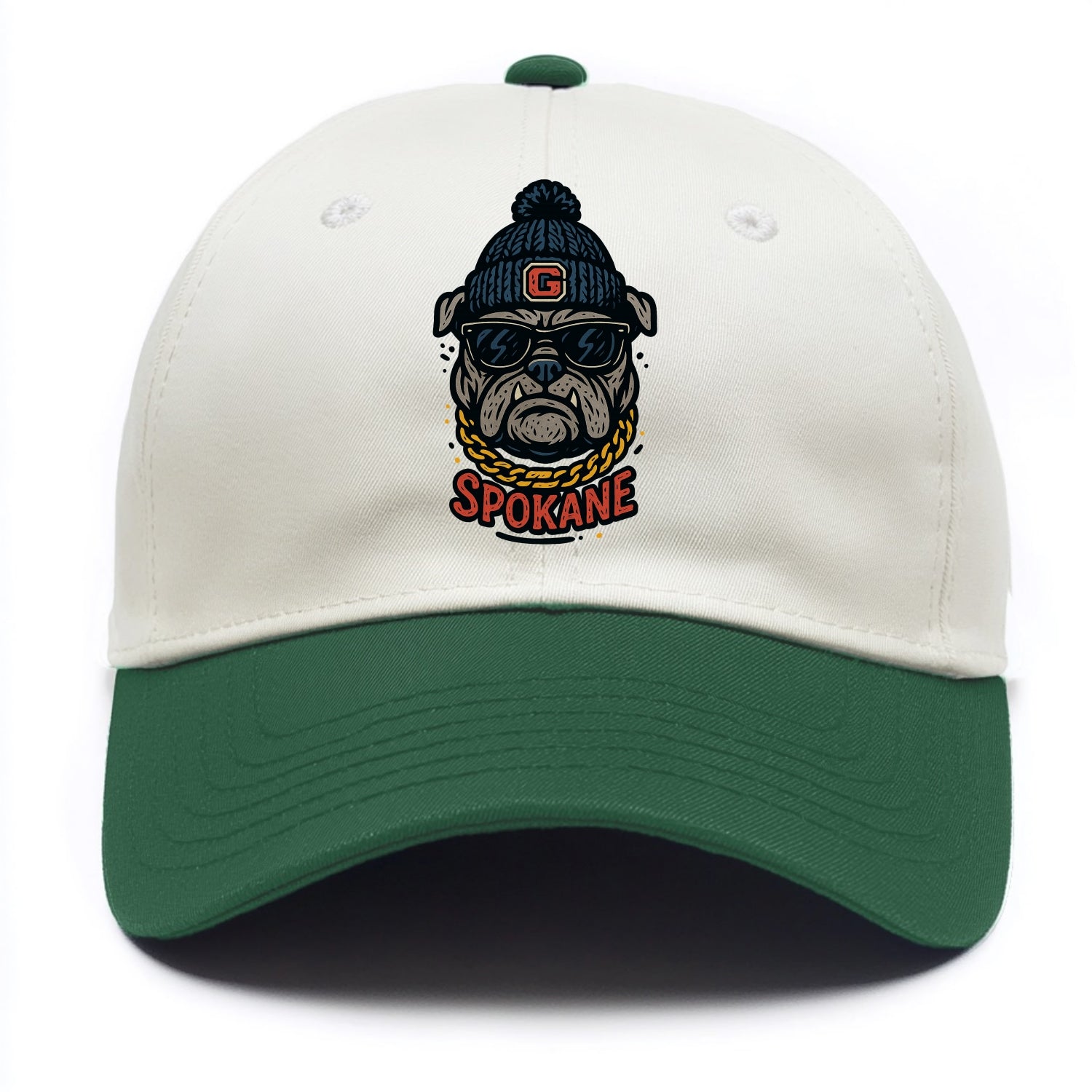 Spokane Bulldog wearing Gonzaga beanie with G patch - Two Tone Cap - Green