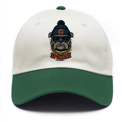 Spokane Bulldog wearing Gonzaga beanie with G patch - Two Tone Cap - Green