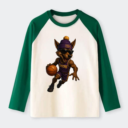 Hollywood Coyote wearing Lakers beanie with Showtime patch and - Raglan Long Sleeve T-Shirt - Green