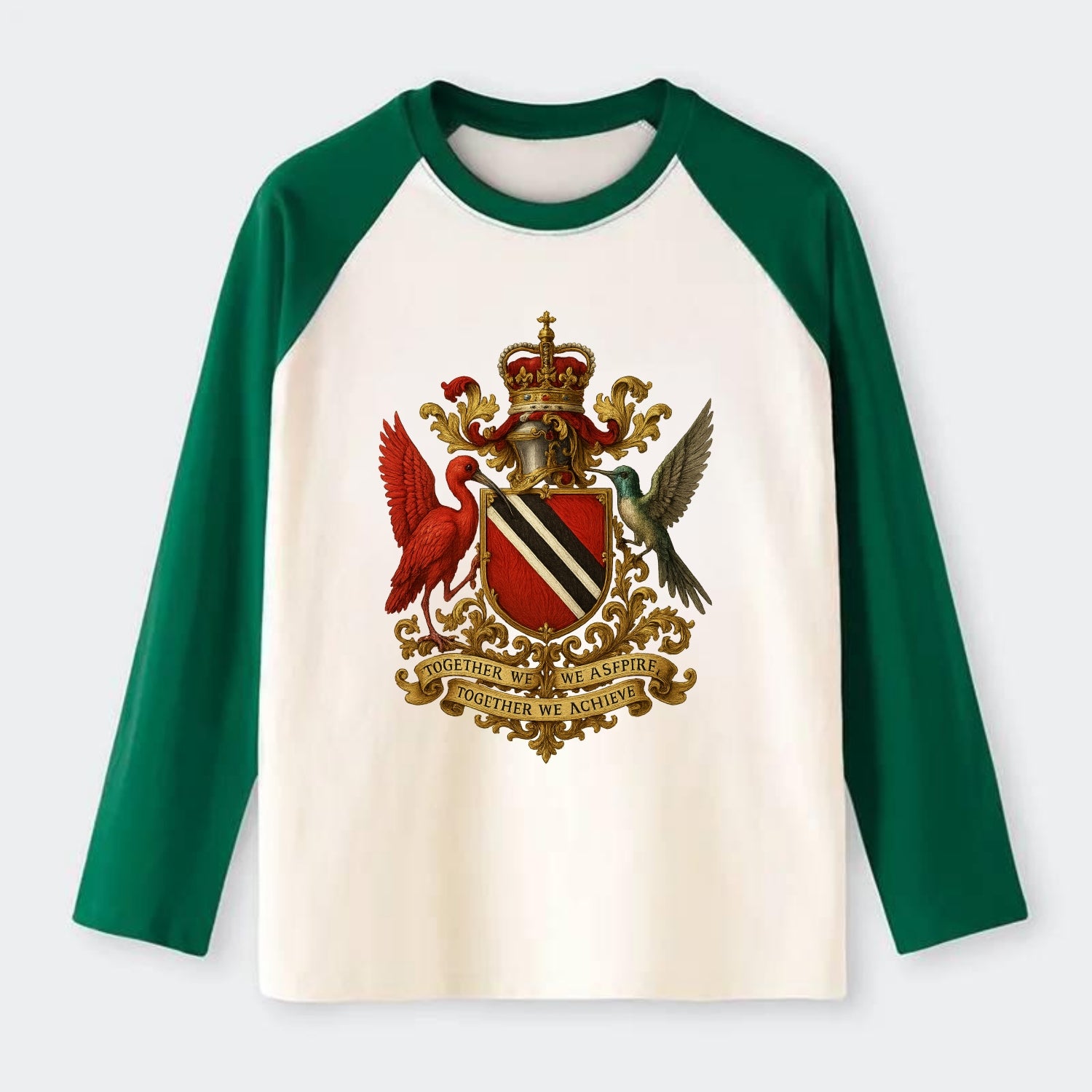 Trinidad Scarlet Ibis Emblem - Raglan Long Sleeve T-Shirt - Green