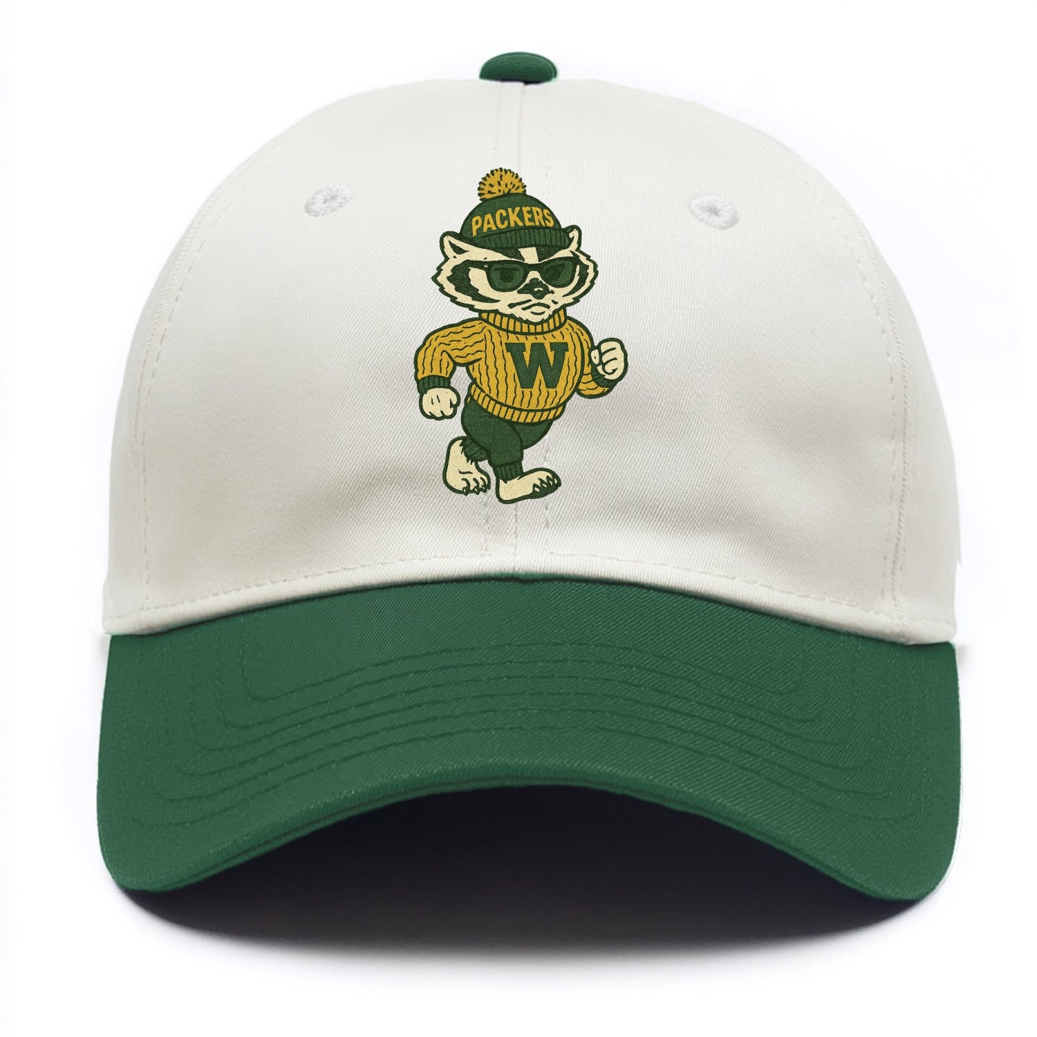 Wisconsin Badger wearing Packers green and gold beanie with pom pom and wayfarer - Two Tone Cap - Green