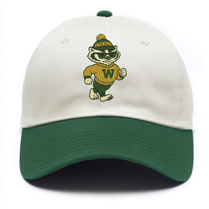 Wisconsin Badger wearing Packers green and gold beanie with pom pom and wayfarer - Two Tone Cap - Green