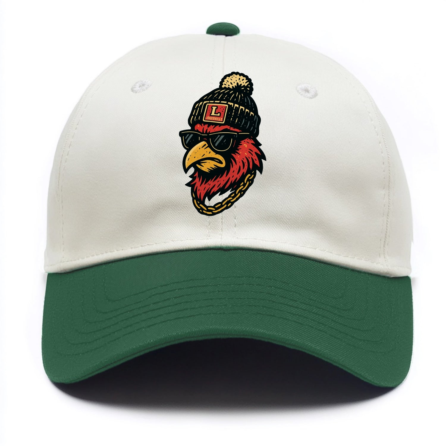 Louisville Cardinal wearing Louisville beanie with L patch - Two Tone Cap - Green
