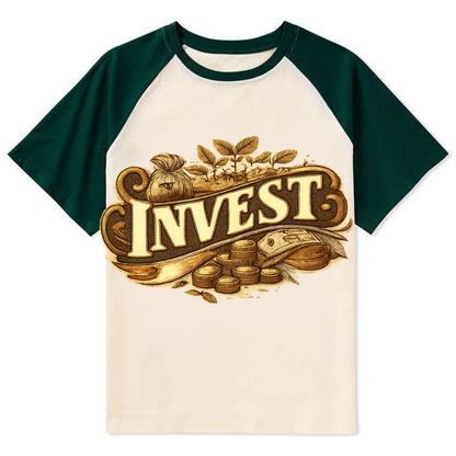 Bold typography design - "INVEST" - growing money, smart decisions - Contrast Raglan T-shirt - Green