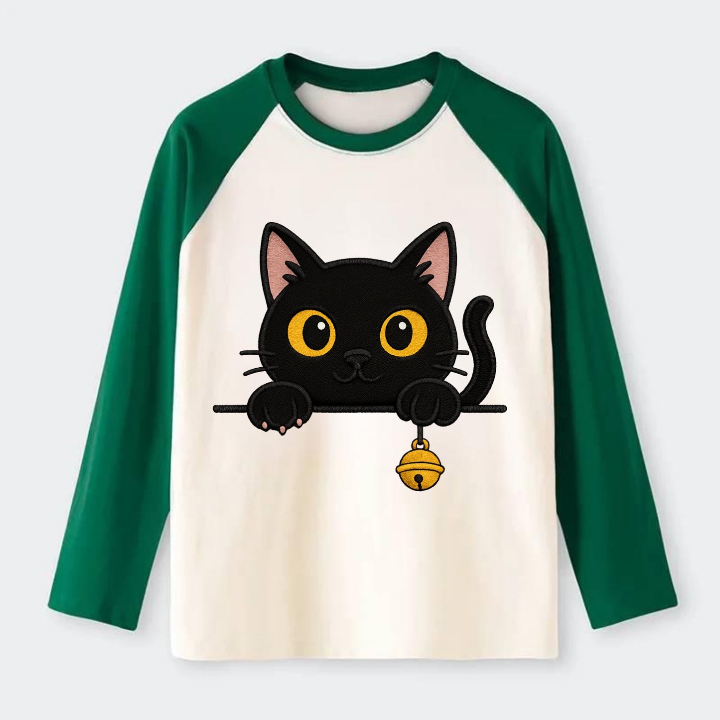 Midnight the black cat leaning sideways with chin resting on left paw. - Raglan Long Sleeve T-Shirt - Green