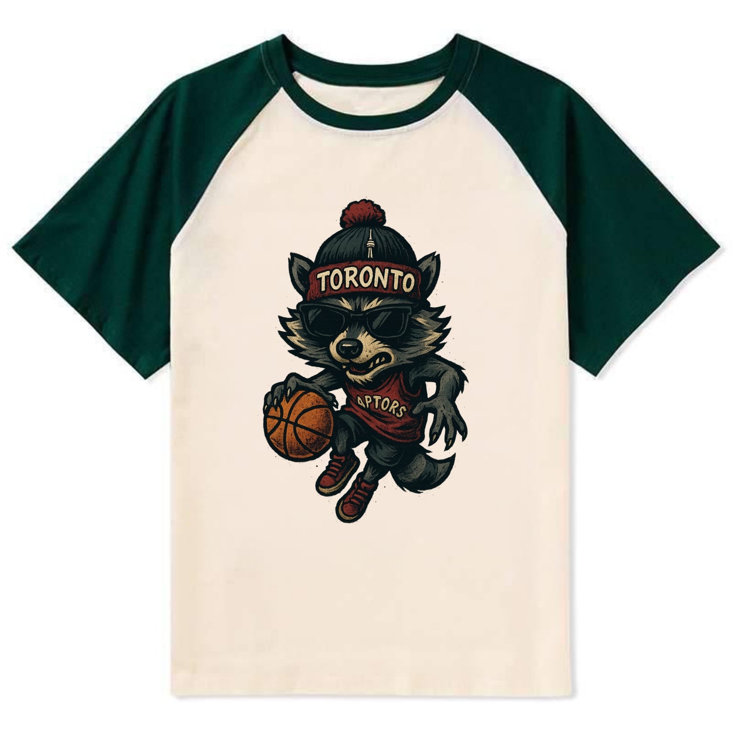 Toronto Raccoon wearing Raptors beanie with CN Tower patch and wayfarer - Contrast Raglan T-shirt - Green