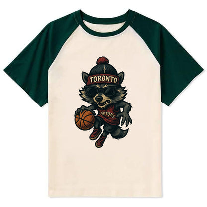 Toronto Raccoon wearing Raptors beanie with CN Tower patch and wayfarer - Contrast Raglan T-shirt - Green