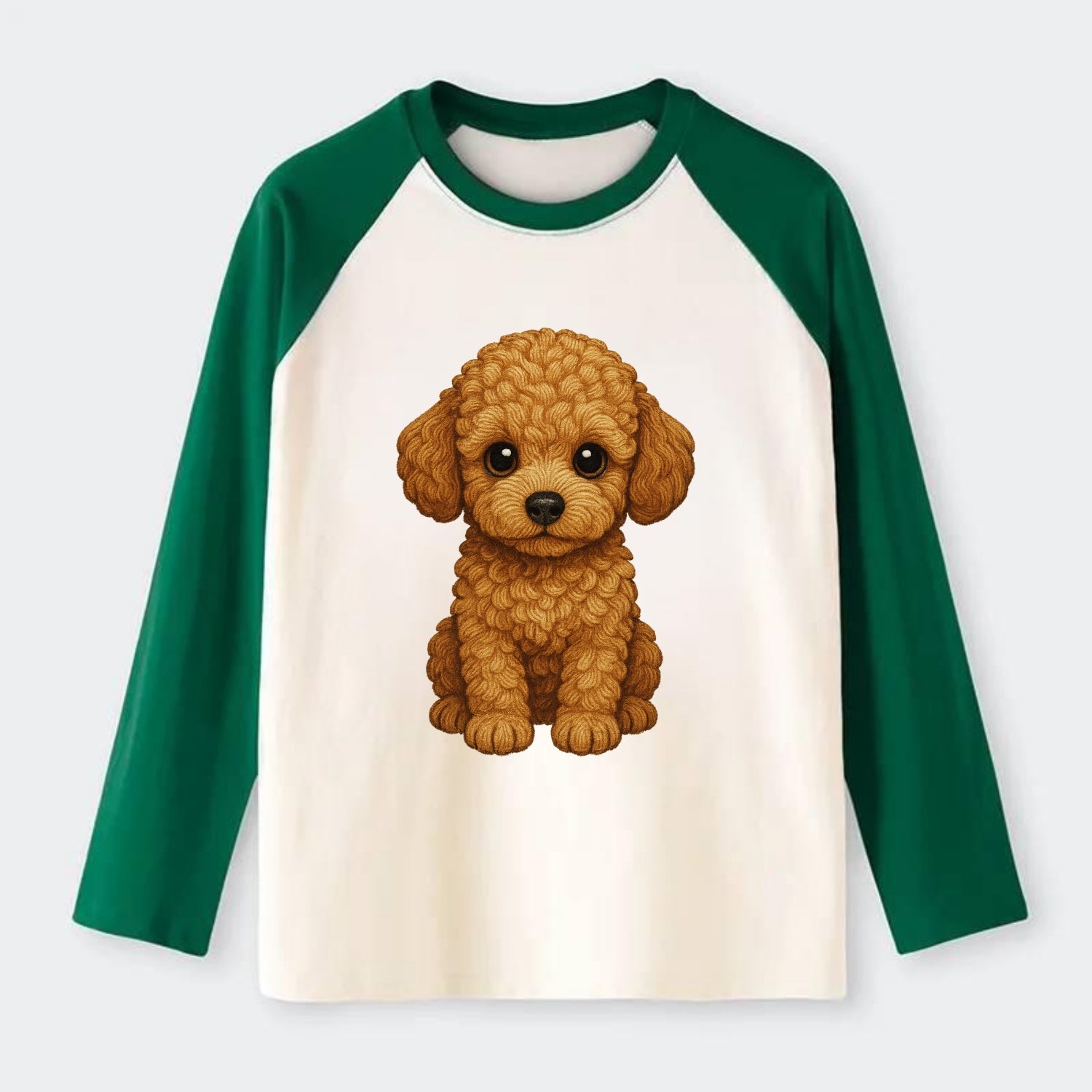 Baby Poodle Puppy - curly fluffy coat, intelligent eyes, elegant - Raglan Long Sleeve T-Shirt - Green