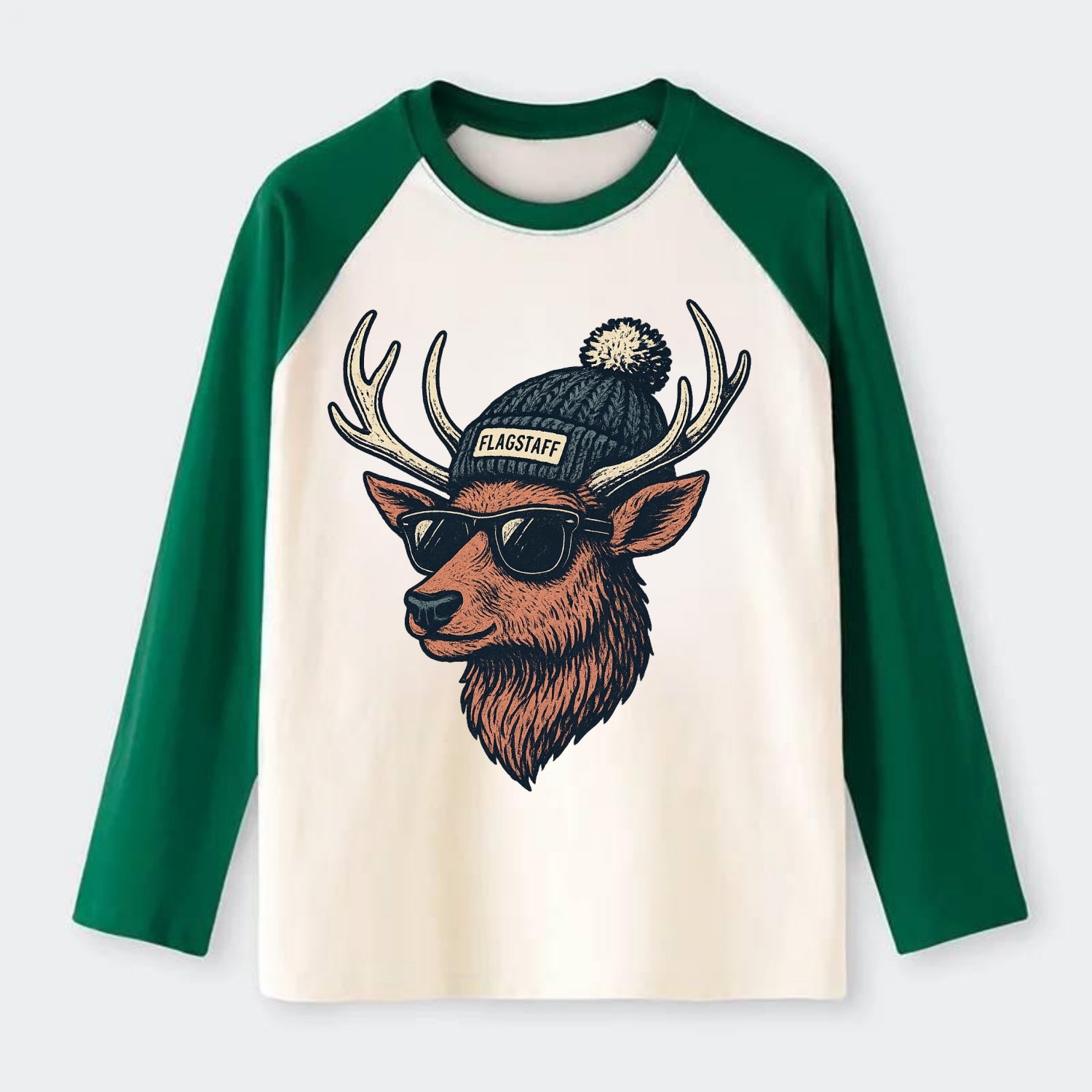 Flagstaff Elk wearing Flagstaff beanie with pom pom and wayfarer - Raglan Long Sleeve T-Shirt - Green