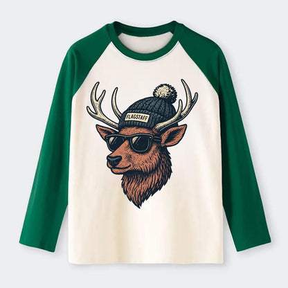 Flagstaff Elk wearing Flagstaff beanie with pom pom and wayfarer - Raglan Long Sleeve T-Shirt - Green