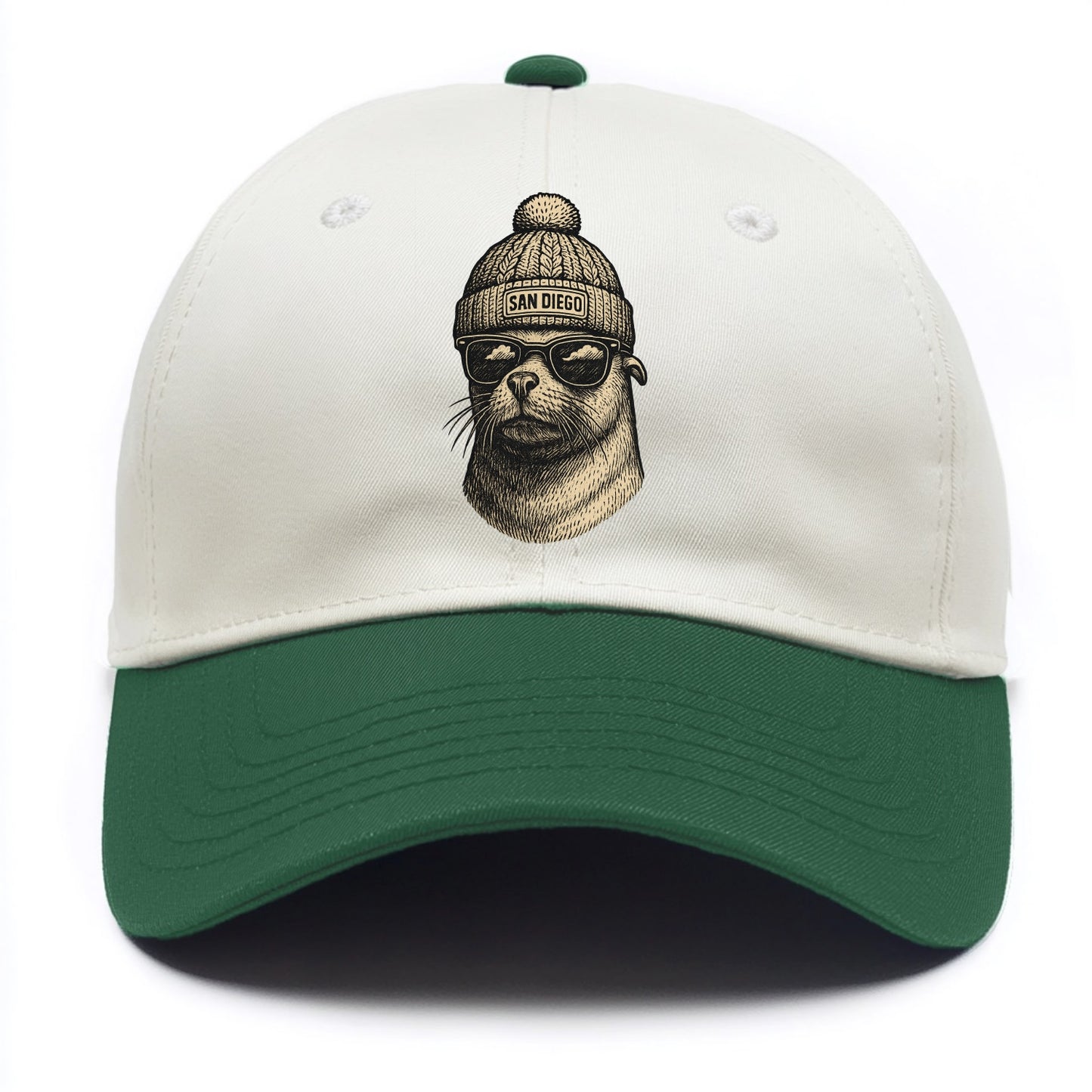 San Diego Sea Lion wearing San Diego beanie with pom pom and wayfarer sunglasses - Two Tone Cap - Green