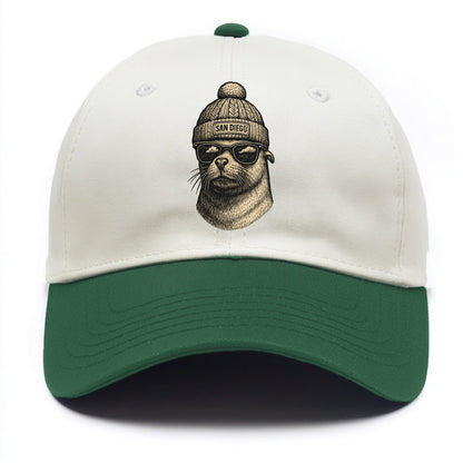 San Diego Sea Lion wearing San Diego beanie with pom pom and wayfarer sunglasses - Two Tone Cap - Green