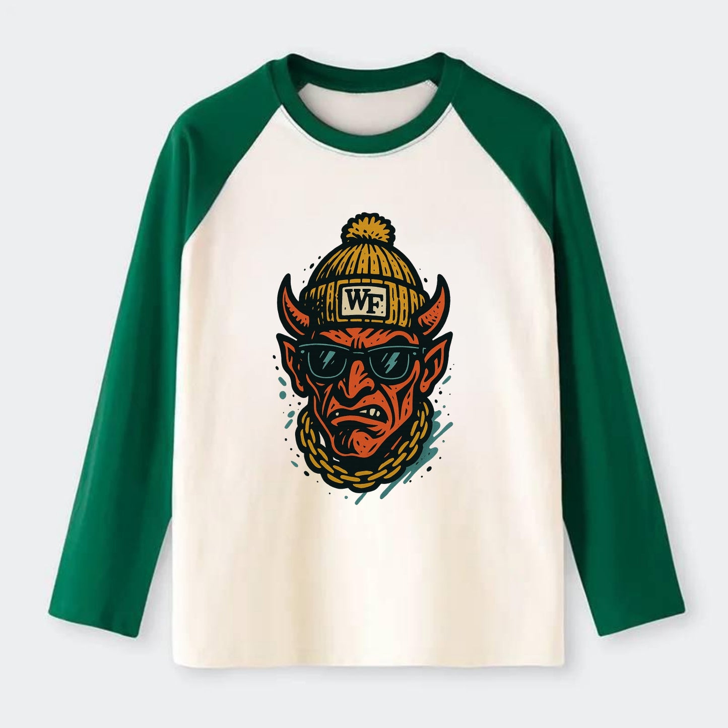 Winston-Salem Demon wearing Wake Forest beanie with WF patch - Raglan Long Sleeve T-Shirt - Green