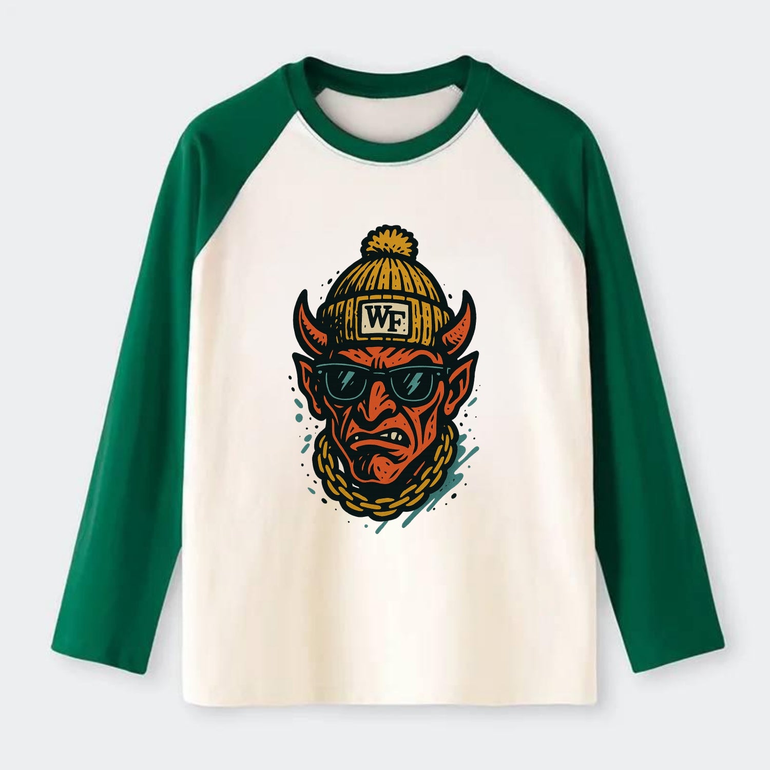 Winston-Salem Demon wearing Wake Forest beanie with WF patch - Raglan Long Sleeve T-Shirt - Green