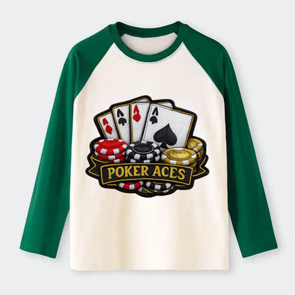 Embroidered patch design - POKER ACES - four aces with chips in red, - Raglan Long Sleeve T-Shirt - Green